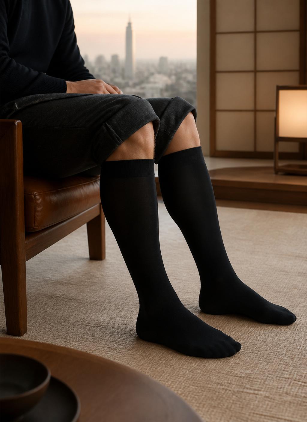 Man wearing black Dr·Medic knee-high compression socks