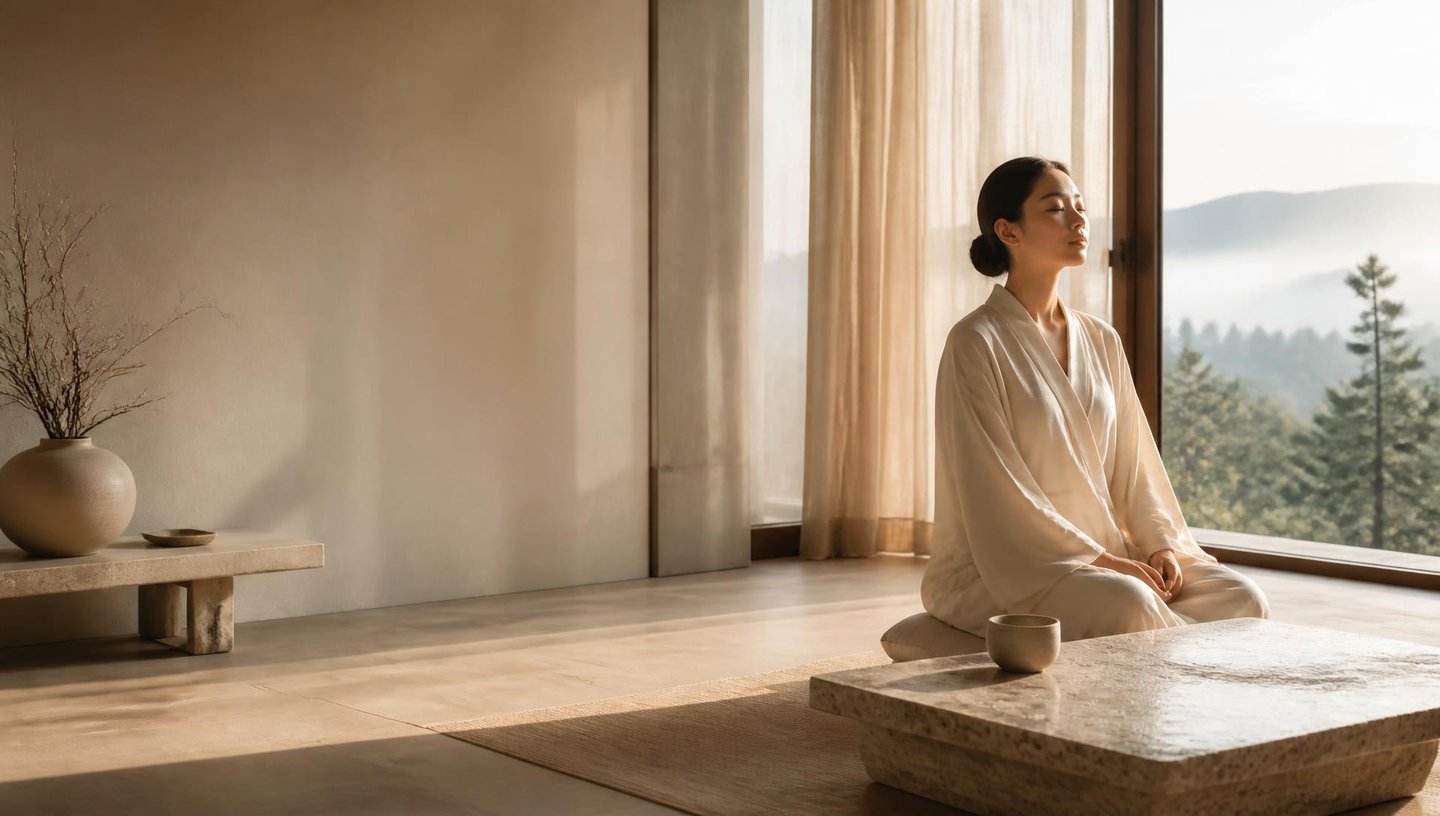 A woman at rest by a window in a quiet Japanese-Scandinavian room, the Dr·Medic daily ritual