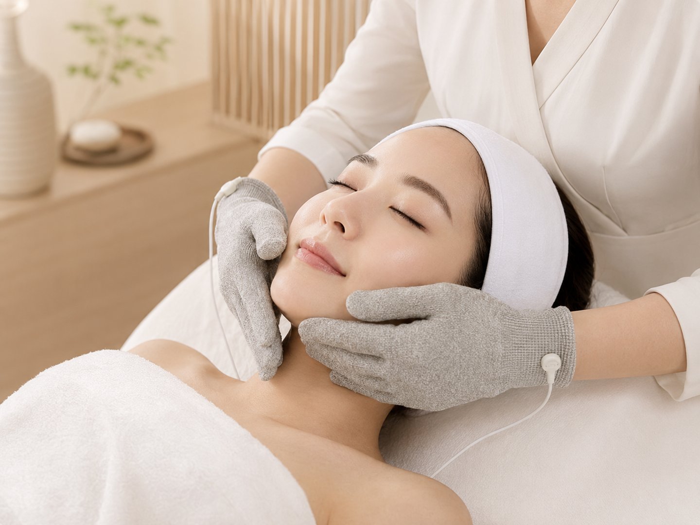 Facial treatment with Dr-PRO conductive gloves